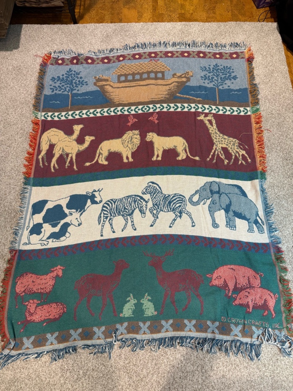 Vintage Crown Crafts Noah's Ark Woven Tapestry Throw Blanket 4ft x 5ft 3”